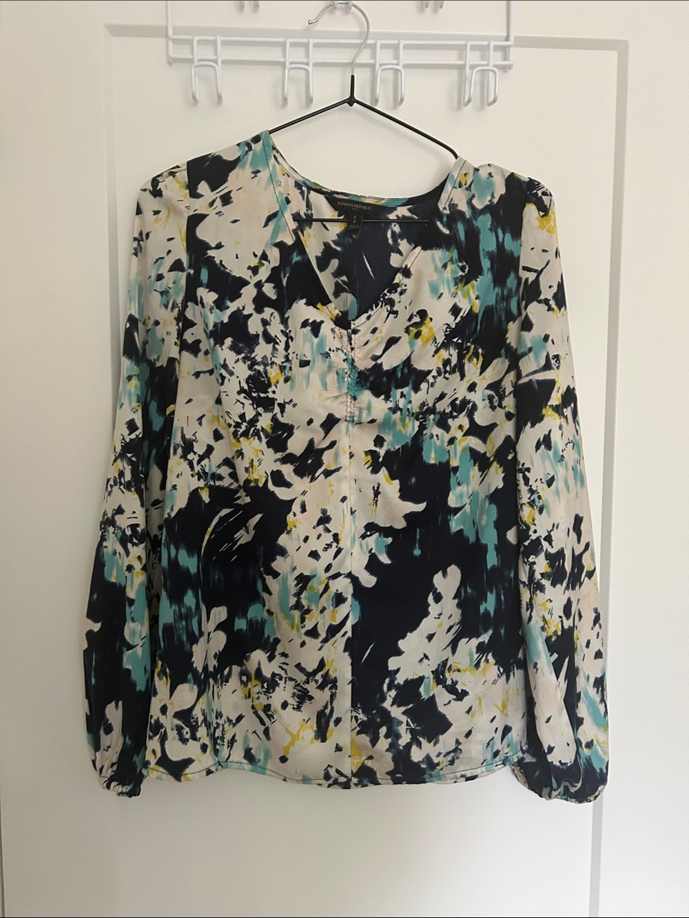 Banana Republic Abstract Floral V-Neck Blouse - Teal, Black, White, Yellow